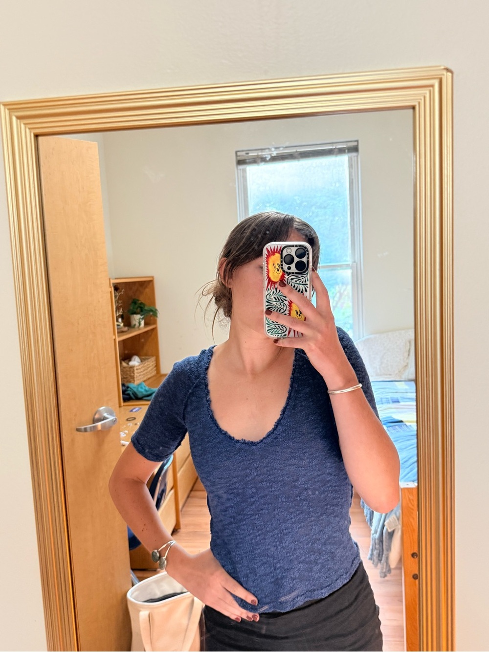 Free People Textured Navy V Neck Short Sleeve Tee